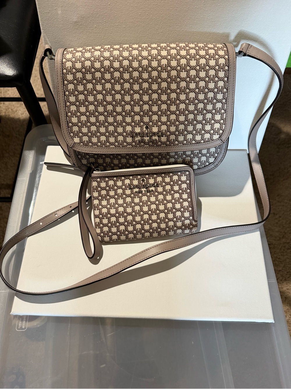Kate Spade Taupe Patterned Crossbody Bag with Matching Wallet